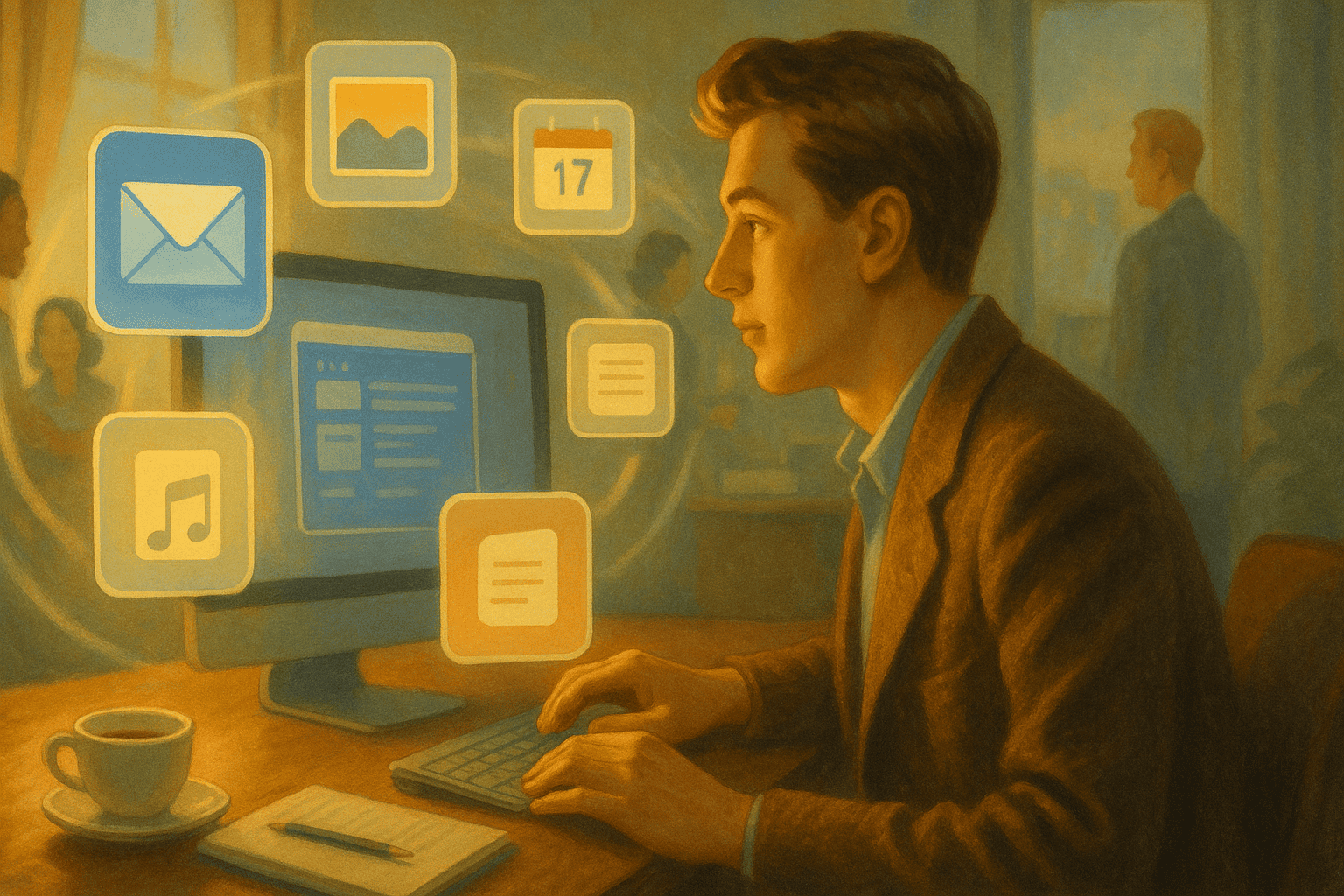 E-post och digitala kommunikationsikoner i ett modernt kontorsscenarie.