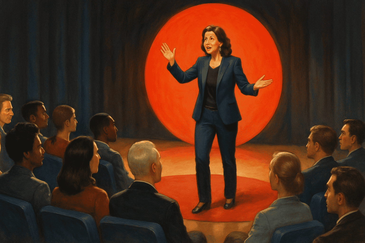 Beskrivande bild av kvinna som håller föreläsning på scen, publik av affärsmän och affärskvinnor, professionell företagsevenemangsbild, konferens, motivation, ledarskap, inspirerande tal, mässa, seminarie.