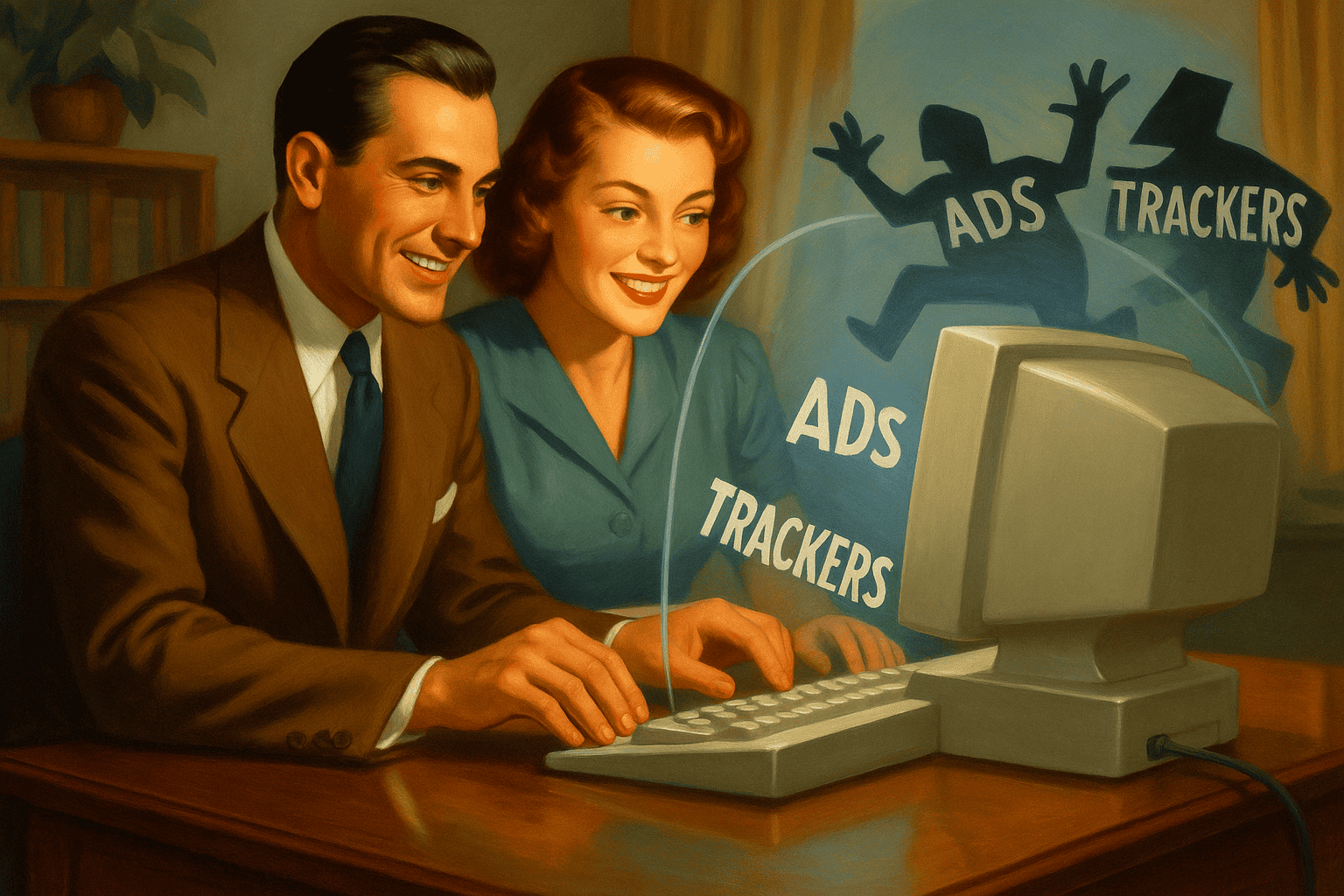 En kvinna och en man som sittre framför en dator med olika funktioner för att spåra det de gör ute på nätet.