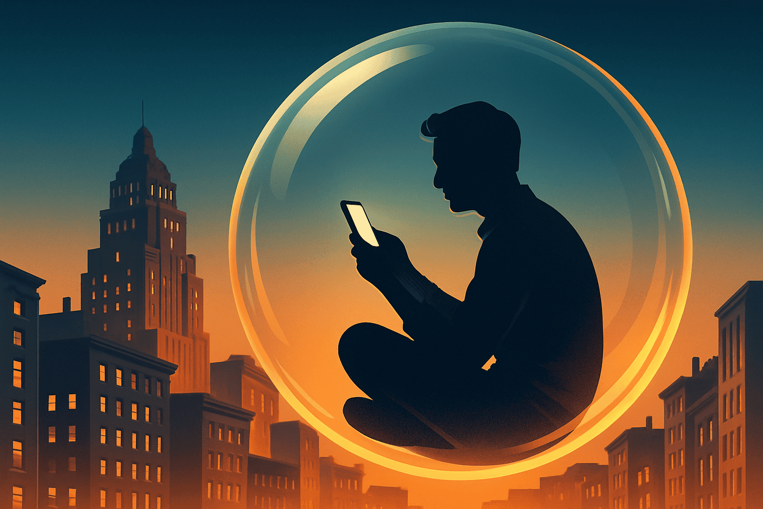 Mobiltelefonsbrukare i stadsmiljö under solnedgången, silhouetter av person som använder smartphone, digitala appar och teknik, städer, urban livsstil, digital kommunikation.