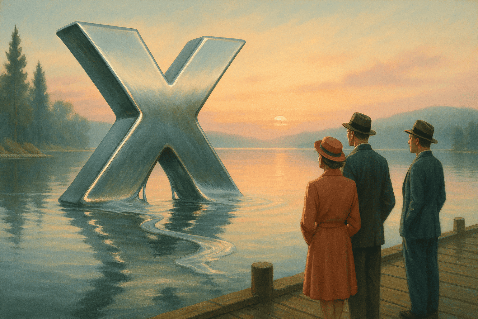 X stor logo i sjölandskap med tre personer tittar på den stora X-skulpturen vid solnedgången.