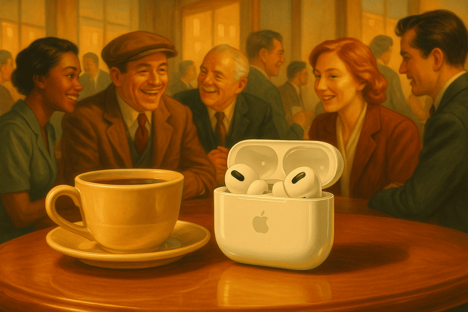 Nya trådlösa Apple AirPods i case på ett cafébord med glada män och kvinnor i retrostil i bakgrunden.