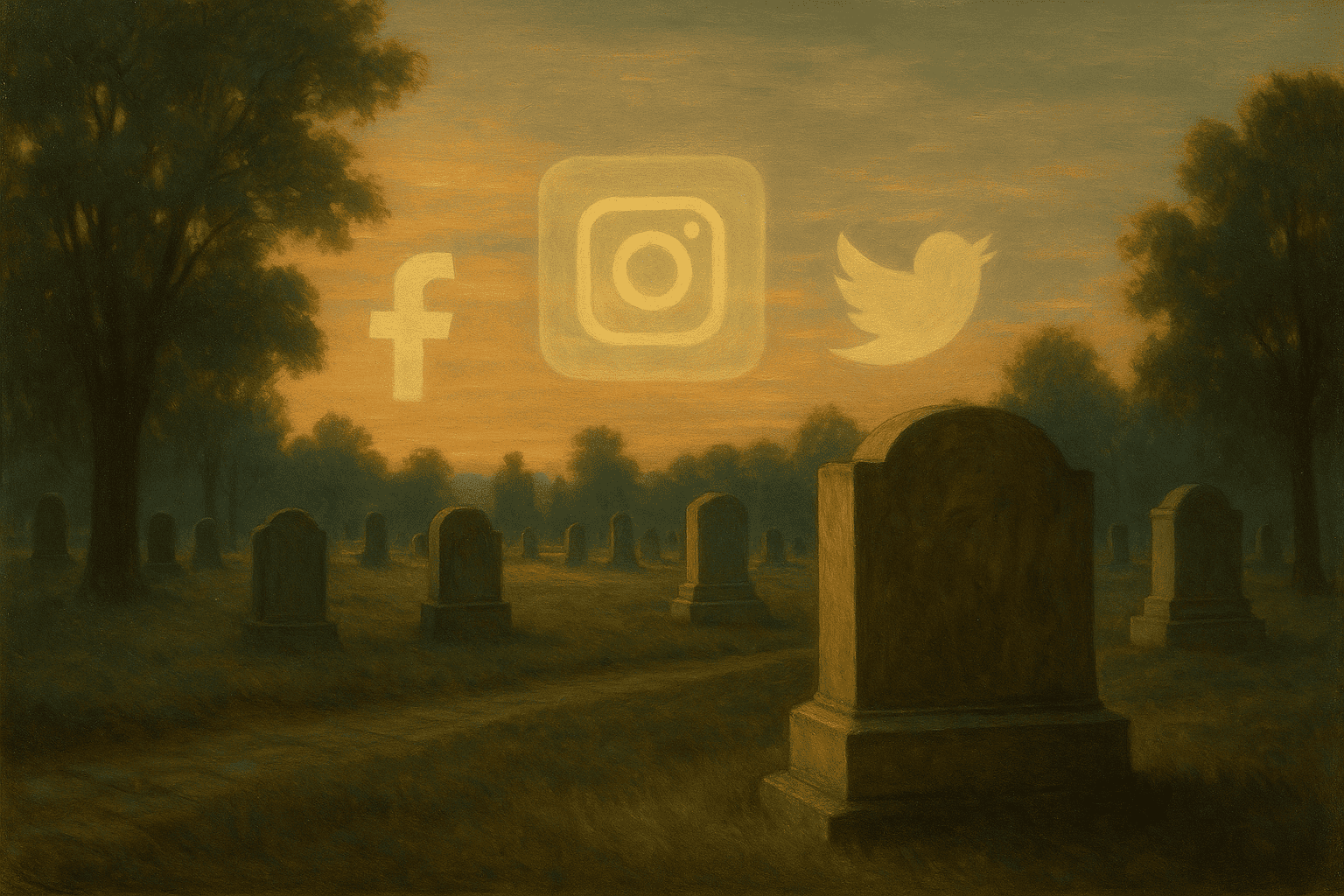 Fotot av en kyrkogård i solnedgången med sociala medieikoner som Instagram, Facebook, Twitter i luften framför träden och gravstenarna, symboliserar digital närvaro och minne.