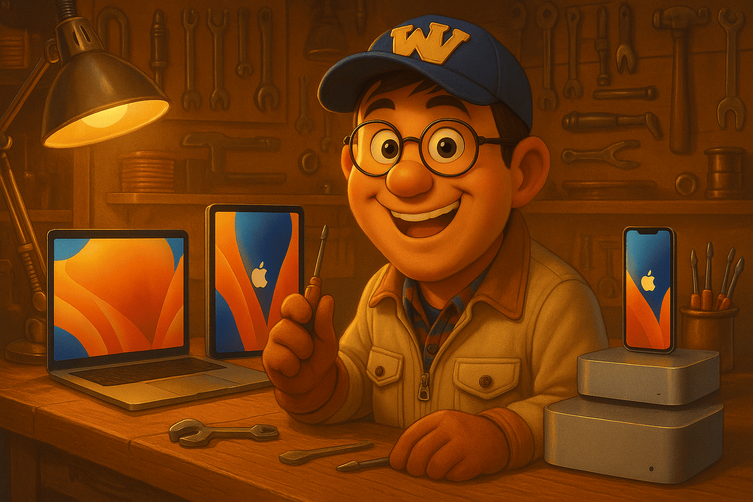 Fjärrbild av en glad teknikerfigur i en verkstad, omgiven av laptops, smartphones och verktyg, med fokus på digitala produkter och service för teknikentusiaster.