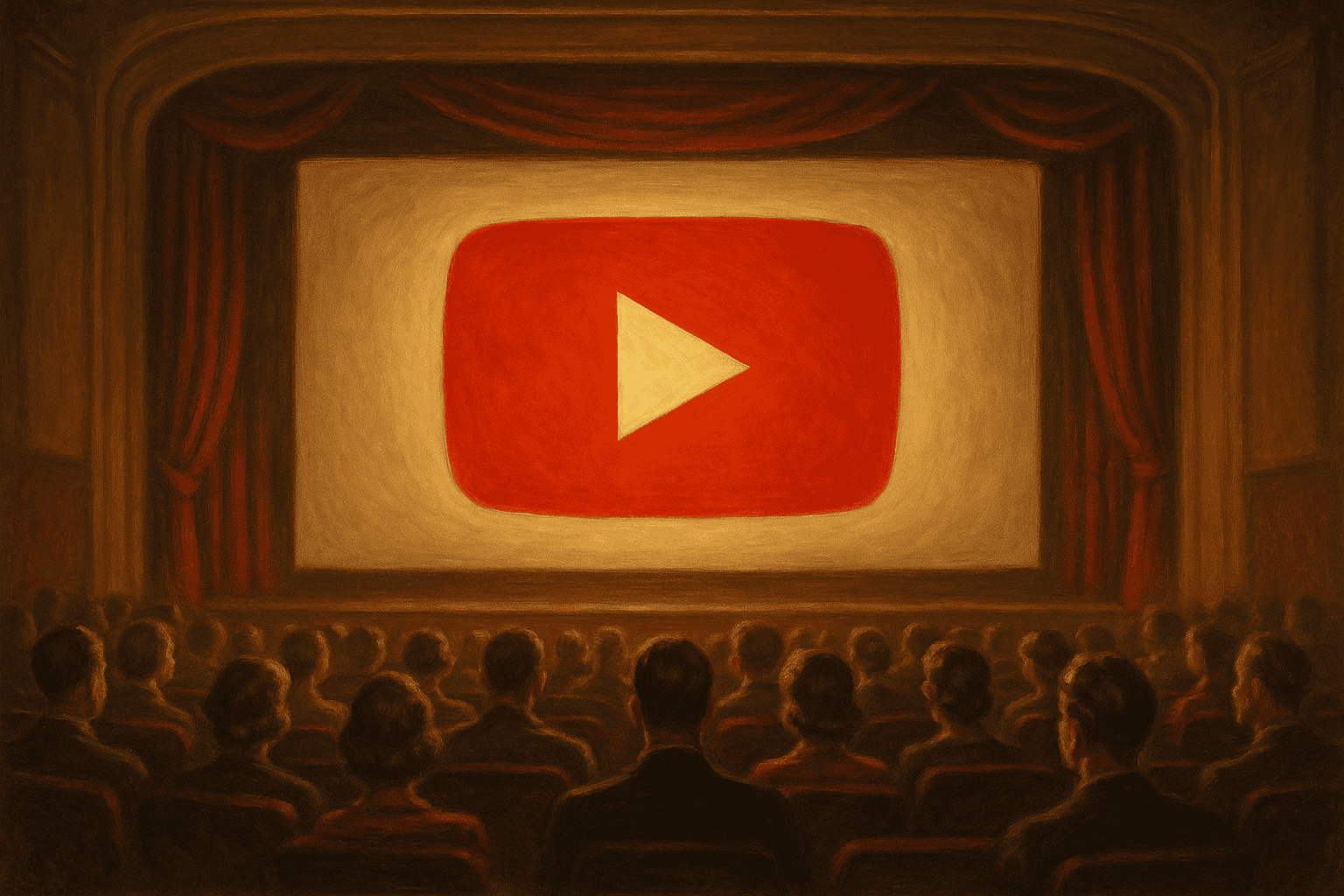 Ett konstverk av människor som tittar på en stor skärm med YouTube-logotypen i en biosalong.