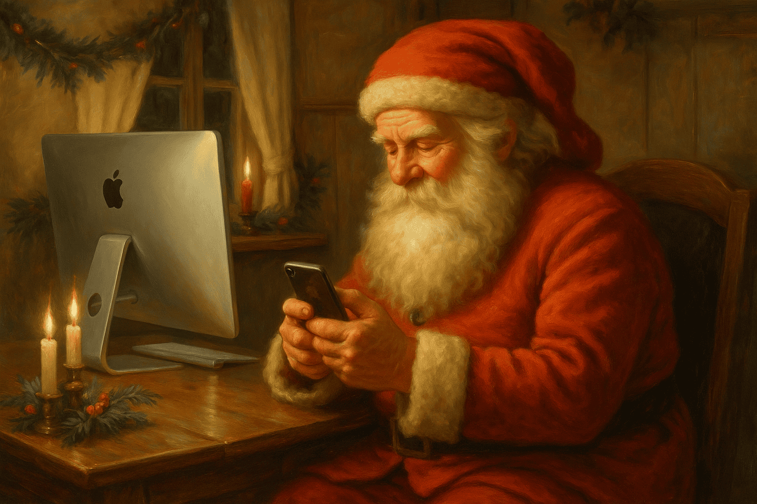 God jul från Macken – Tomten som har digital kontakt, kreativ julstämning vid dator, teknologi i juldekoration, moderna jultraditioner, exklusiv julshopping, varm mysfaktor.