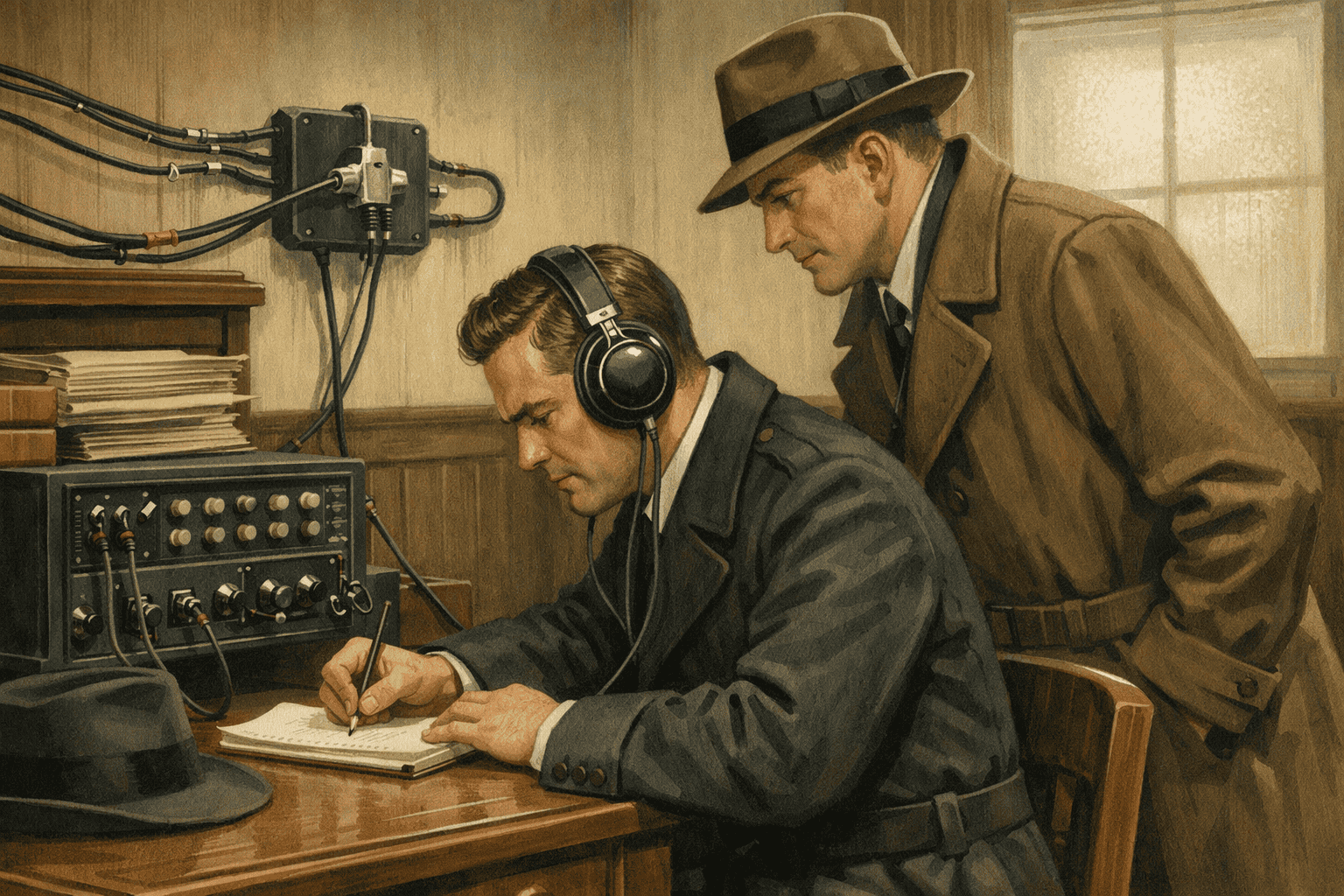 1. Vintage radio studio with two men, one wearing headphones, writing notes, and the other observing, in a sepia-toned, nostalgic scene.
