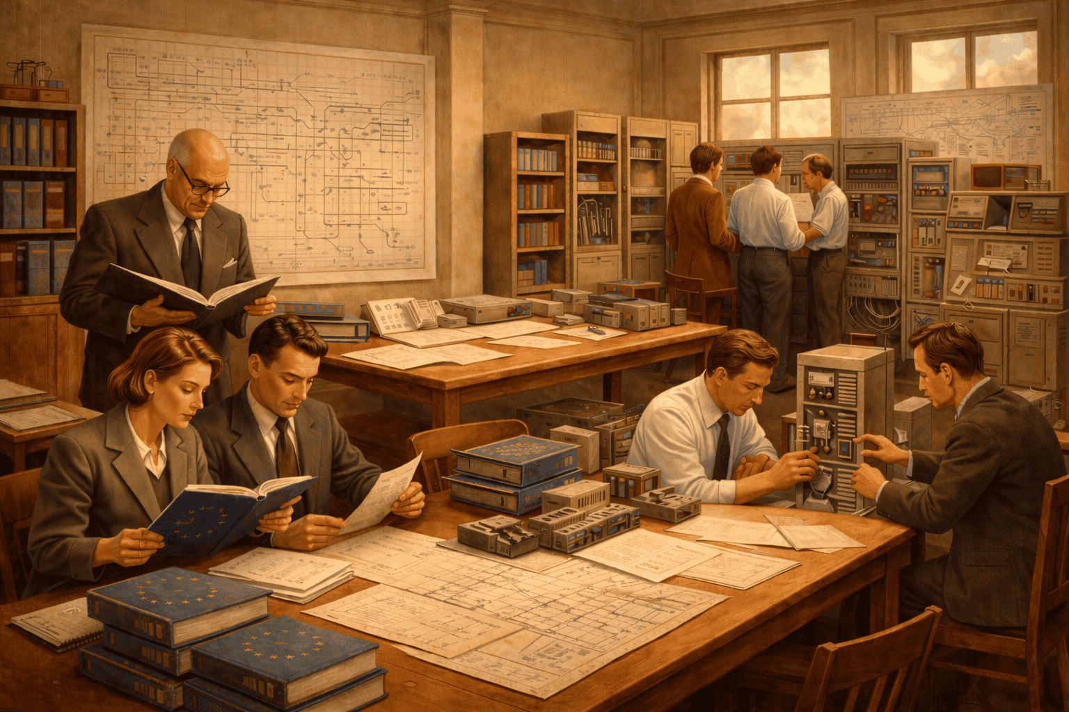 Detaljerad översikt av Macken butiks- och arbetsmiljö med personer som utforskar teknik och scheman.