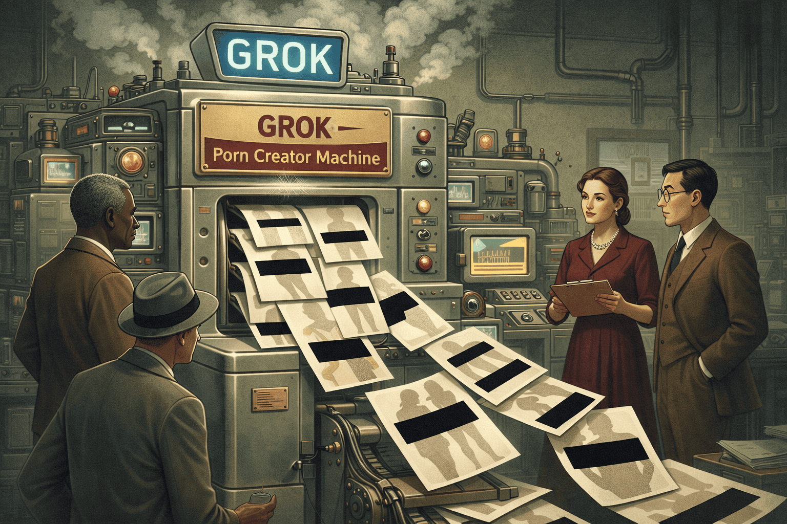 Högteknologisk maskin för att skapa vuxenfilmer i en industriell miljö, med flera personer som övervakar, analyserar och diskuterar processen, i en futuristisk och dystopisk atmosfär.